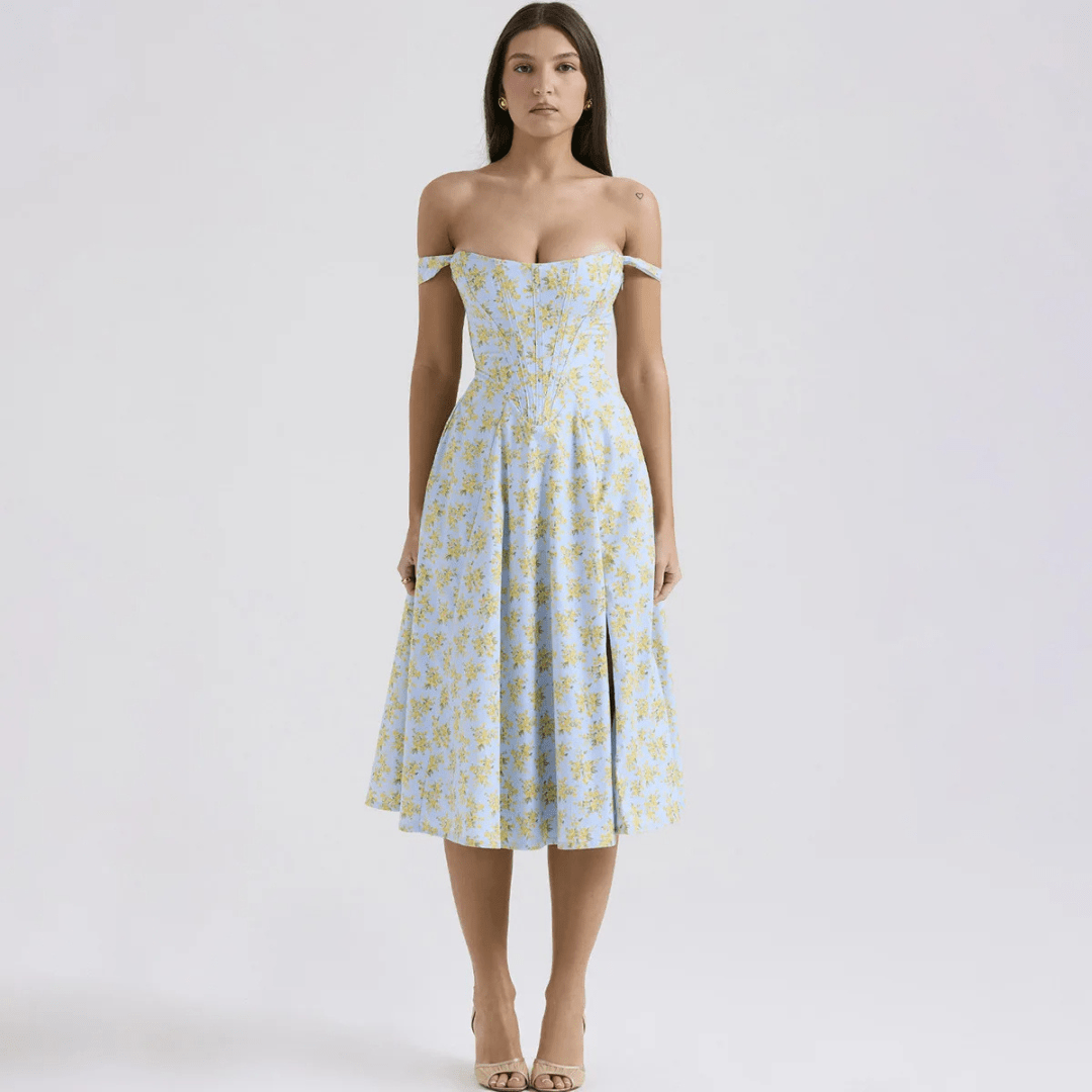 Carolme Floral Whimsy Midi Dress Light Blue / XS