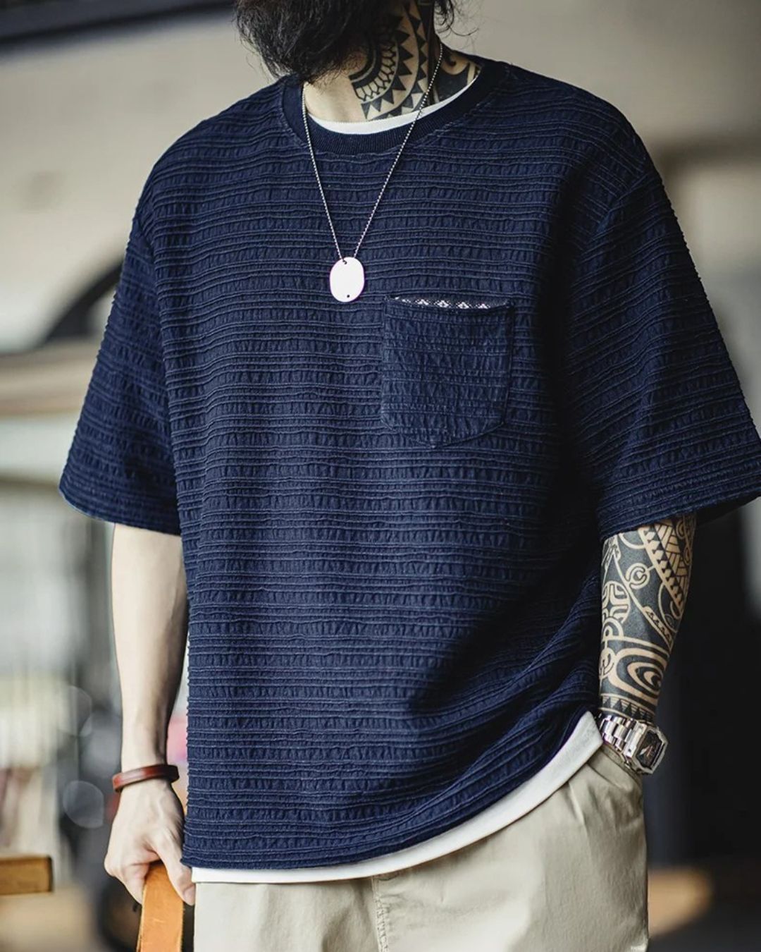 Carolme Orion Wave Pattern Shirt Navy Blue / S man shirts