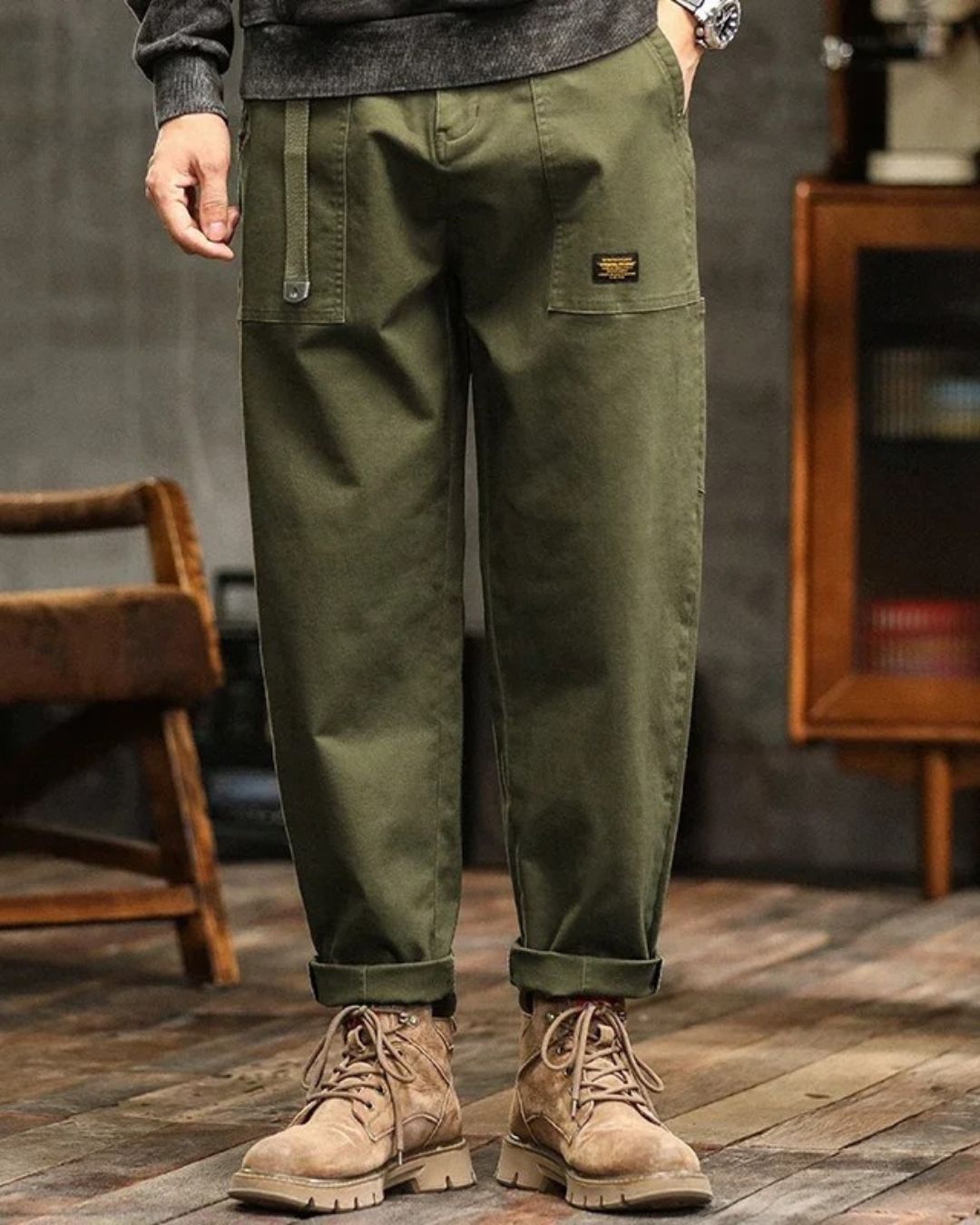 Carolme Vintage Cargo Pants Army Green / 44 man pants trousers